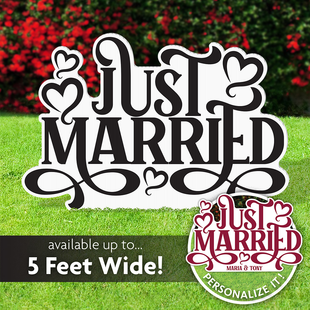 Just Married Lawn Sign with hearts & swirls