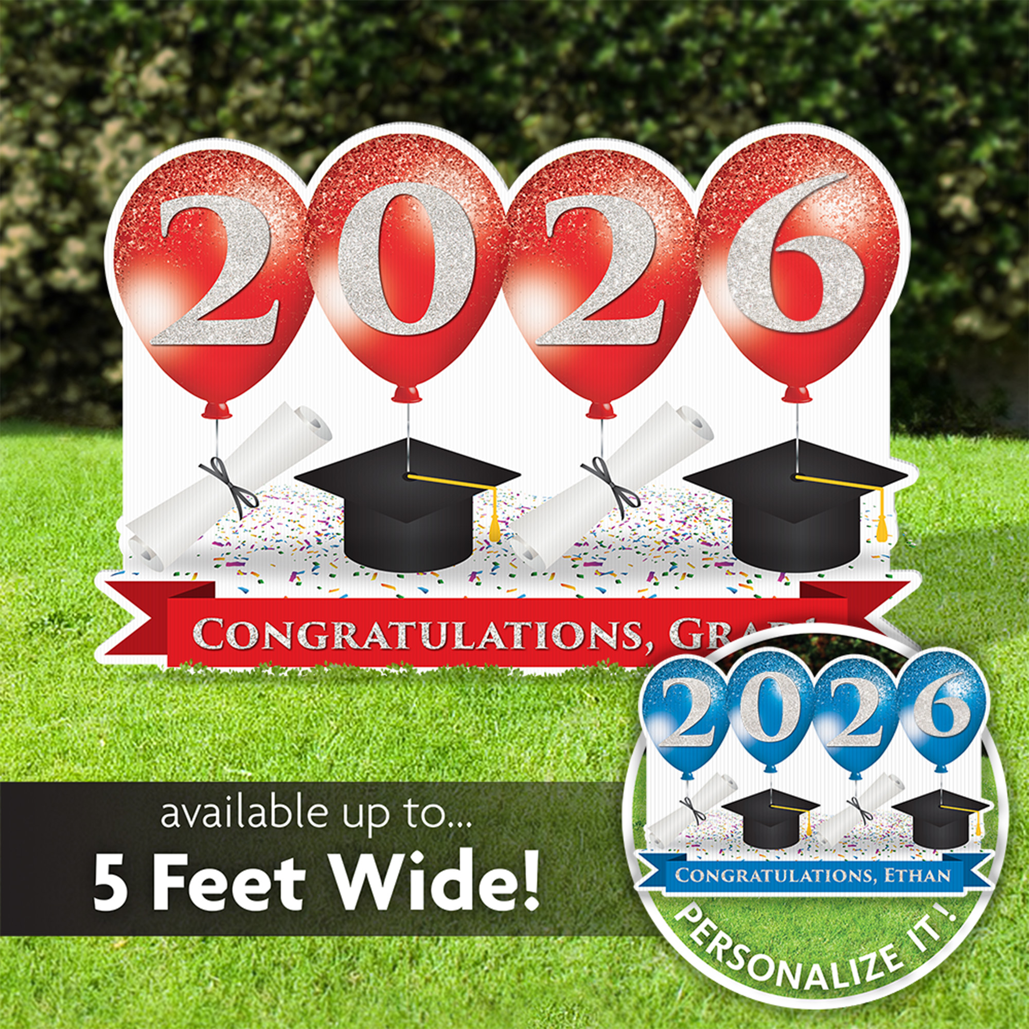 Personalized graduation sign with 2026 grad balloon design sizing chart. This design is available in 18 different colors and 2 sizes.