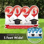 Personalized graduation sign with 2026 grad balloon design sizing chart. This design is available in 18 different colors and 2 sizes.