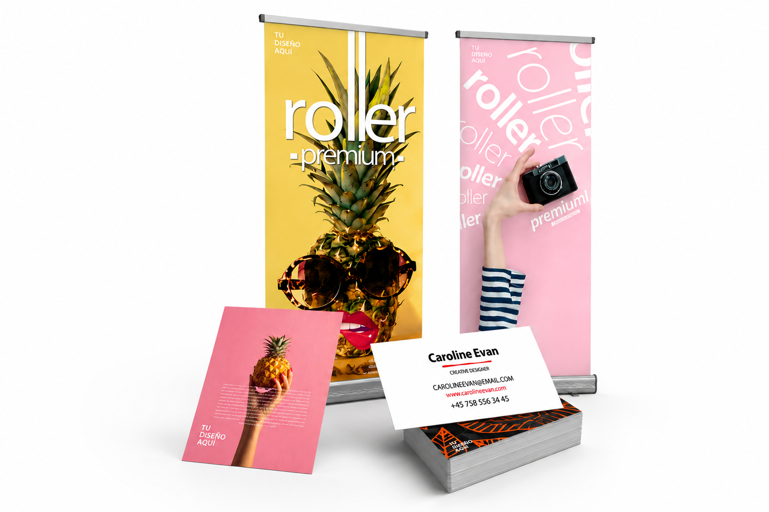 Combo Apertura de Negocio con tarjetas de visita, pendón roller premium y flyers