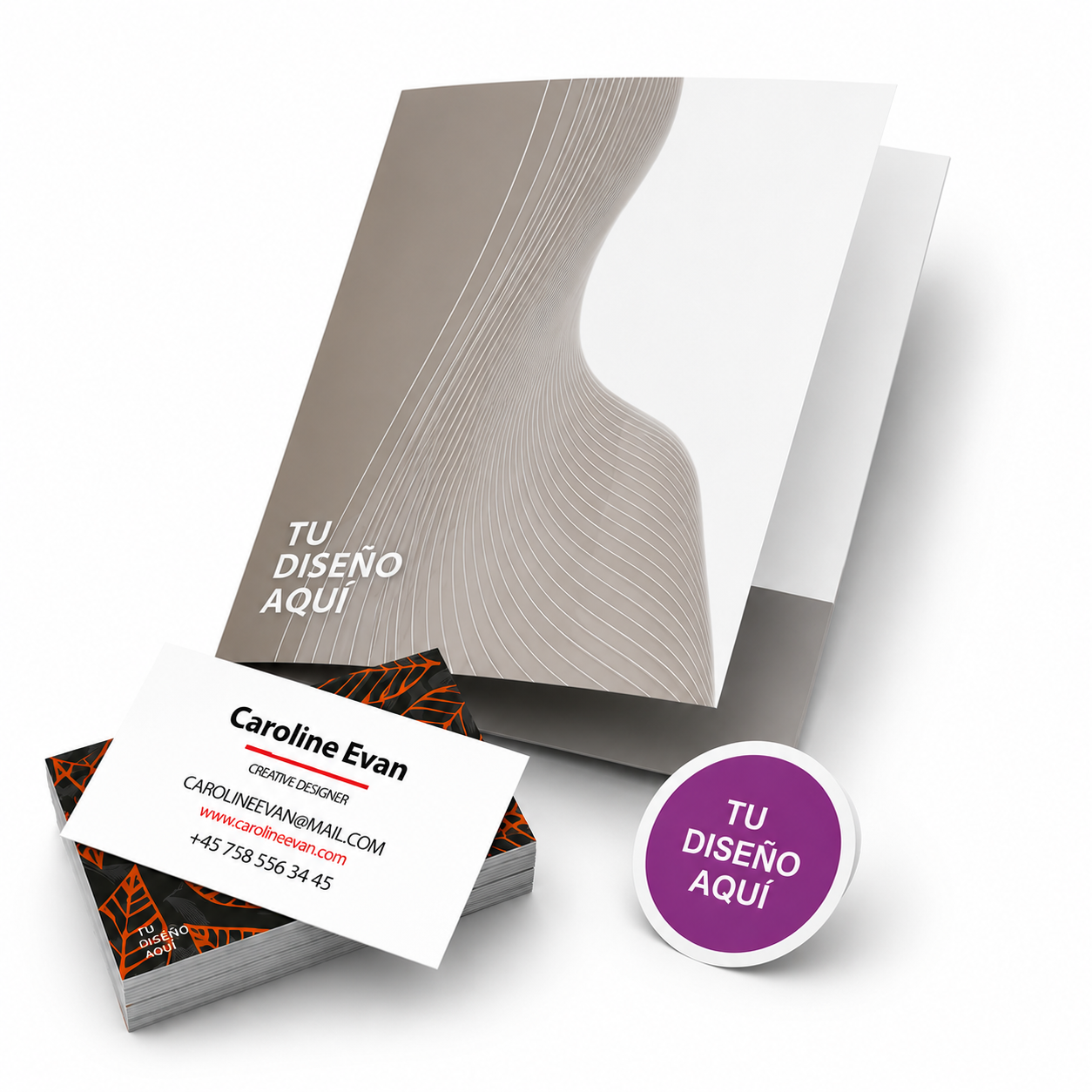 Combo Emprendedor con carpetas, tarjetas de visita y etiquetas adhesivas