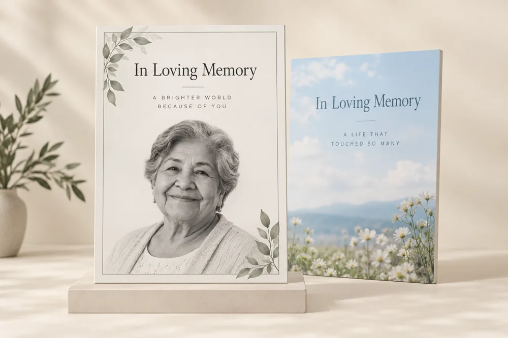 AI illustrative memorial signs product concept; fictional portrait, not an exact catalog template