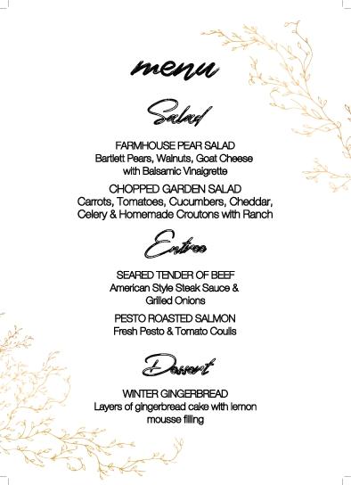 Minimalist Golden Branches Wedding Menu Cards Front