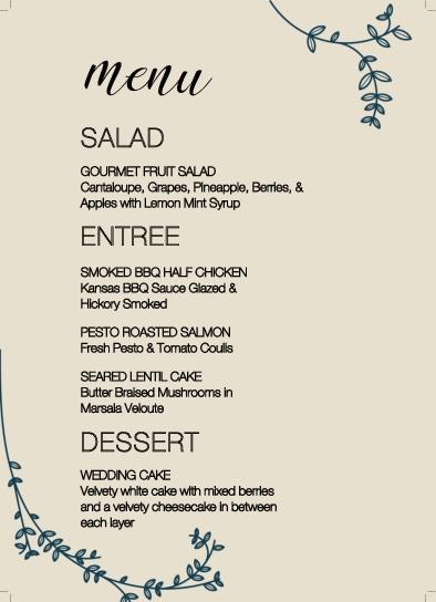 Simple Blue Leaves Wedding Menu Cards Front