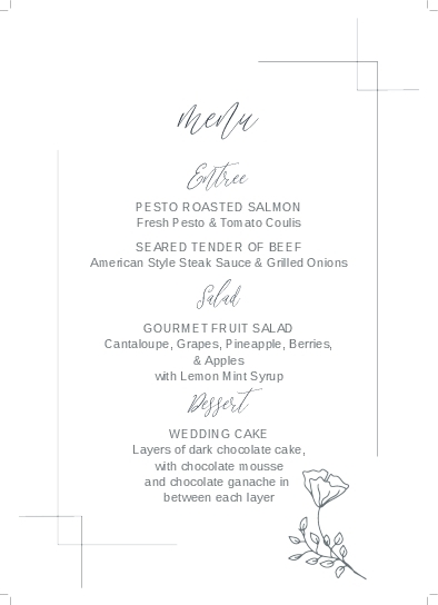Corner Lines And Tulip Wedding Menu Cards Front