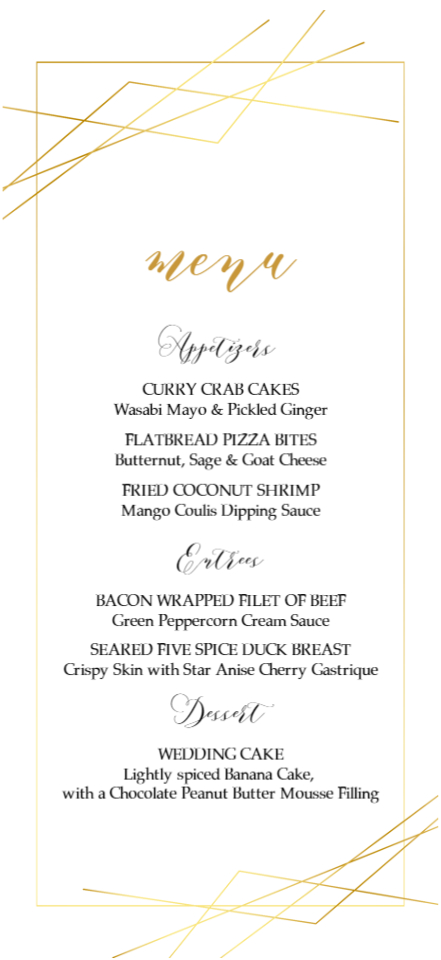 Sophisticated Golden Frame Wedding Menu Cards Front