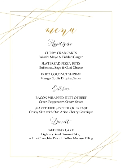 Sophisticated Golden Frame Wedding Menu Cards Front