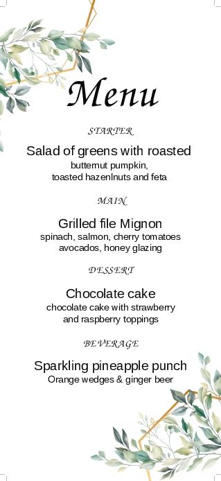 Leaf And Golden Lines Wedding Menu Cards Front
