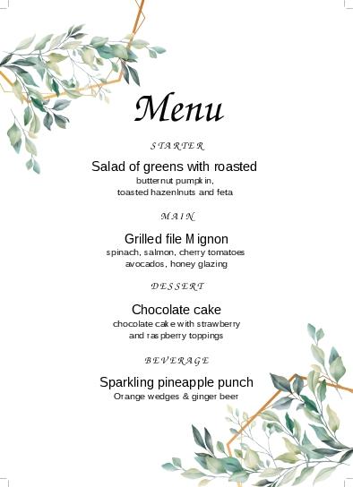 Leaf And Golden Lines Wedding Menu Cards Front