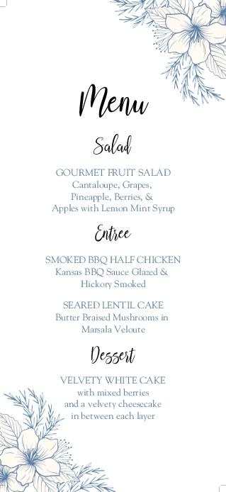 Blue Letters And Flowers Wedding Menu Cards Front