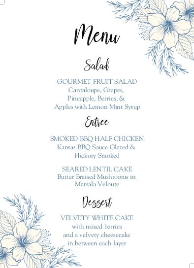 Blue Letters And Flowers Wedding Menu Cards Front