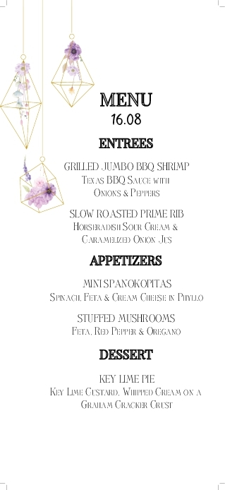 Geometric Lamps And Flowers Wedding Menu Cards Front