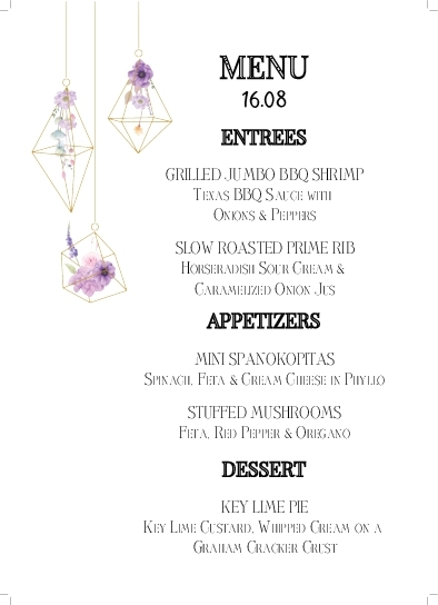 Geometric Lamps And Flowers Wedding Menu Cards Front