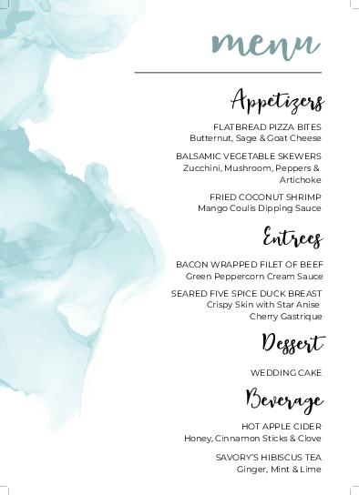 Blue Watercolor Explosion Wedding Menu Cards Front