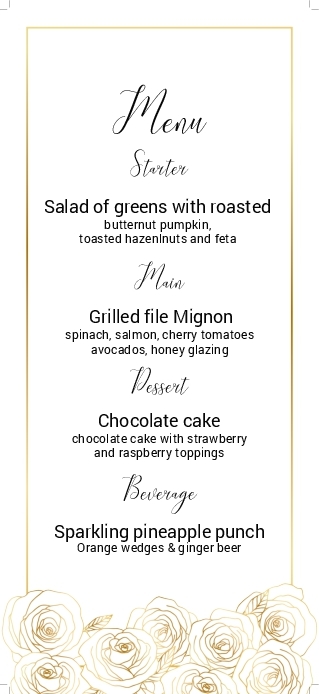 Minimalist Golden Roses Wedding Menu Cards Front