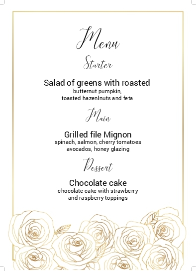 Minimalist Golden Roses Wedding Menu Cards Front