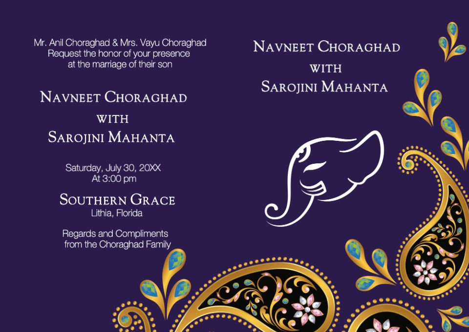 Golden Crystalline Paisley Half Fold Wedding Invitation