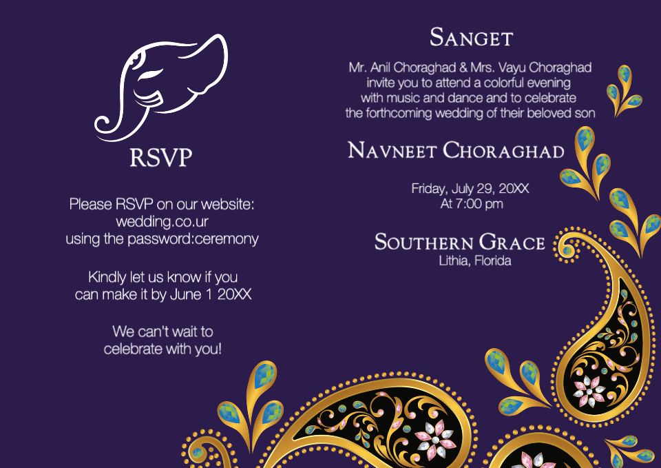 Golden Crystalline Paisley Half Fold Wedding Invitation