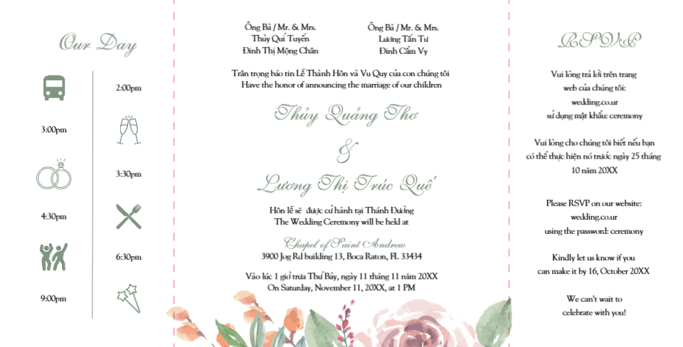 Watercolor Blooms and Leaves 7x7 Gate Fold Wedding Invitation