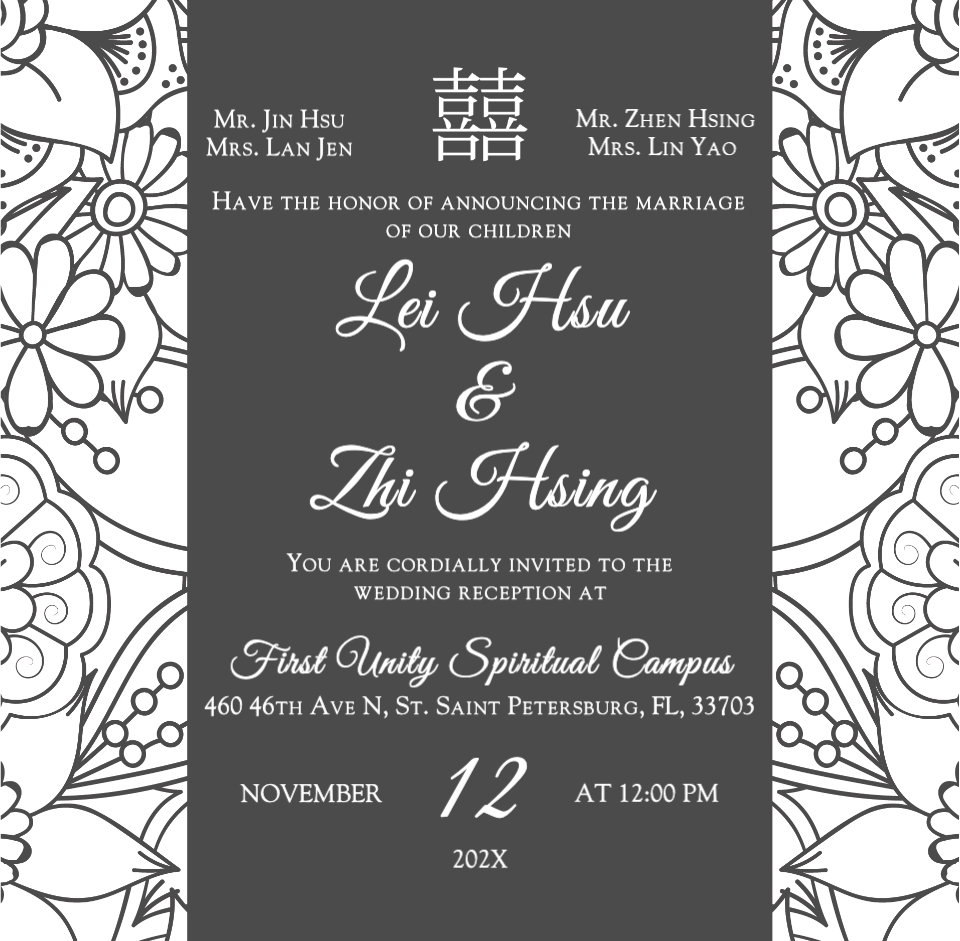 Modern Chinese Flowers 6 1/4 Square Denali Pocket Wedding Invitation