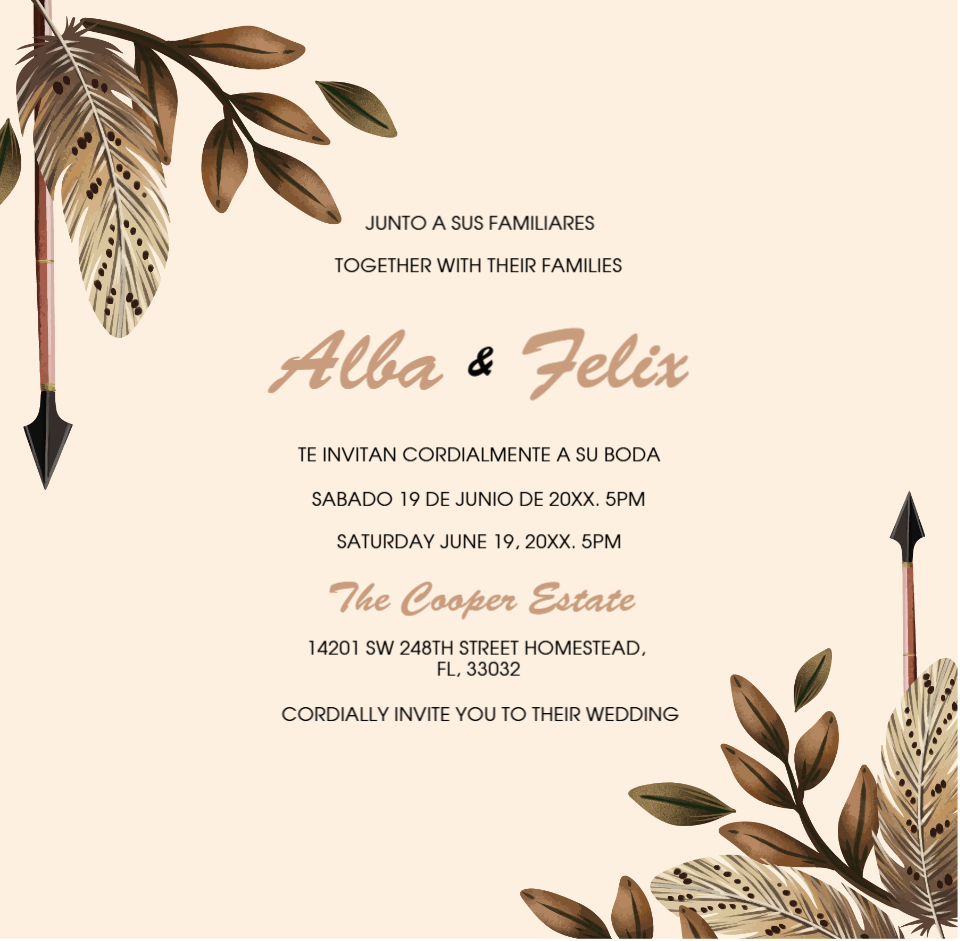 Boho Feathers and Arrows 6 1/4 Square Himalaya Pocket Spanish & English Wedding Invitation