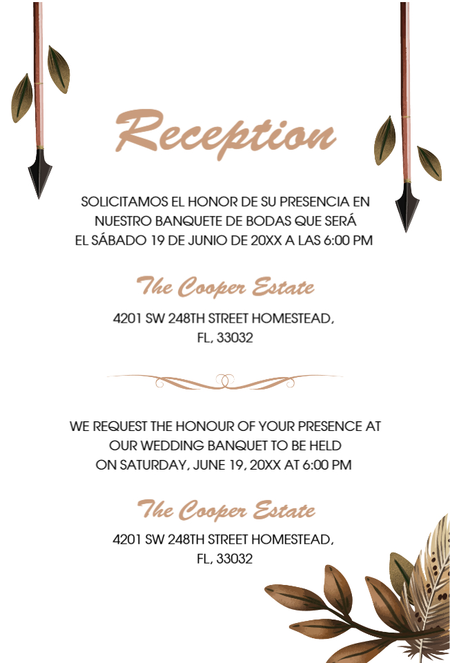Boho Feathers and Arrows 6 1/4 Square Himalaya Pocket Spanish & English Wedding Invitation