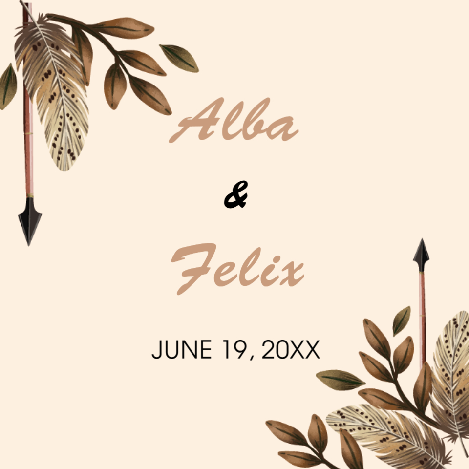 Boho Feathers and Arrows 6 1/4 Square Himalaya Pocket Spanish & English Wedding Invitation