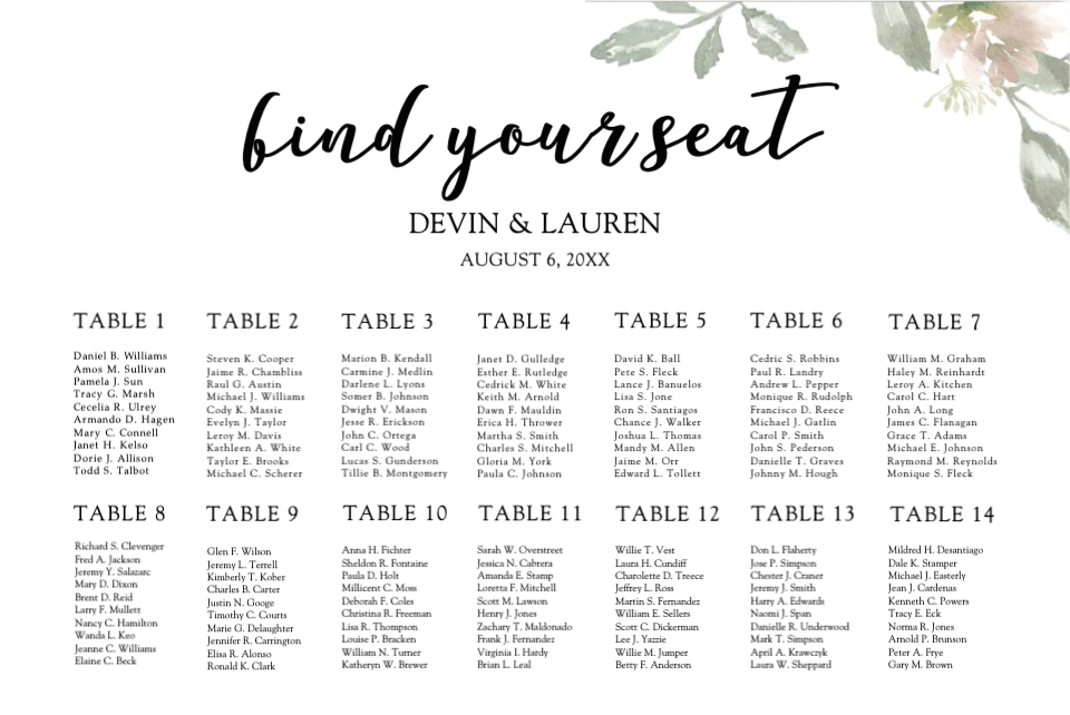 Blossom Arrangemen Seating Chart