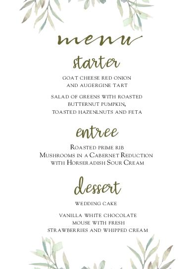 Green Ferns Wedding Menu Cards Front