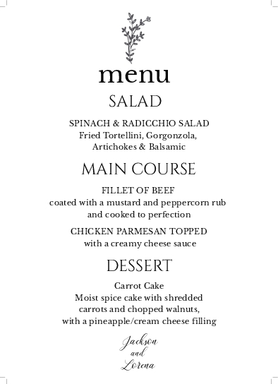 Ferns Simple Black Wedding Menu Cards Front