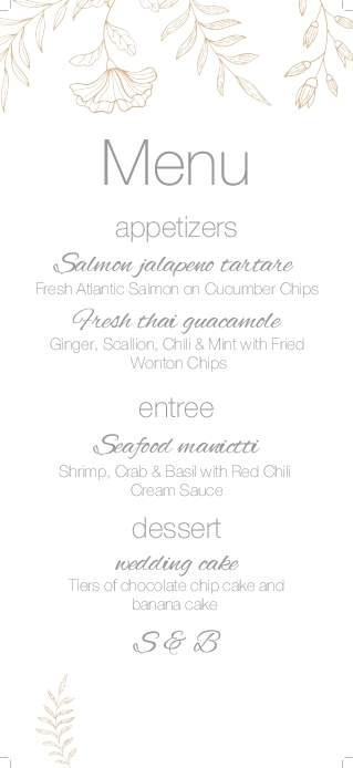 Gold Ferns Desing Wedding Menu Cards Front