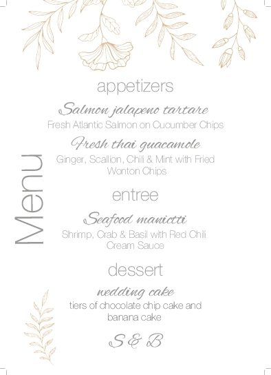 Gold Ferns Desing Wedding Menu Cards Front
