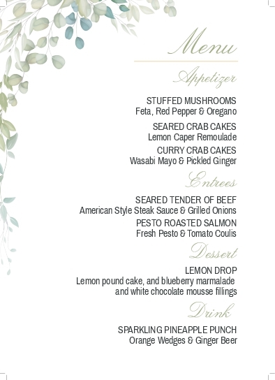 Authentic Flavors Wedding Menu Cards Front