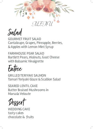 Minimalist Garden Roses Wedding Menu Cards Front