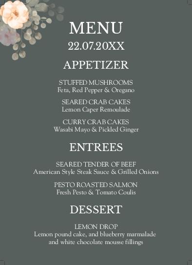 Black Flower Design Wedding Menu Cards Front