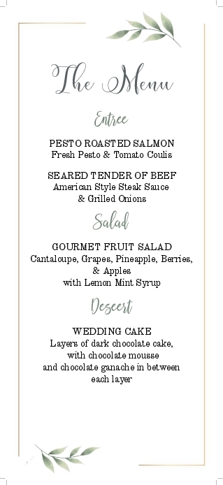Fern Gold Frame Wedding Menu Cards Front