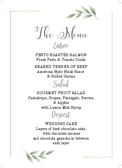 Fern Gold Frame Wedding Menu Cards Front