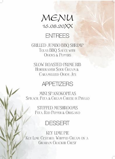 Zen Design bamboo Wedding Menu Cards Front