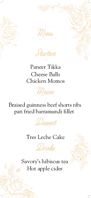 Expressive Orange Roses Wedding Menu Cards Front