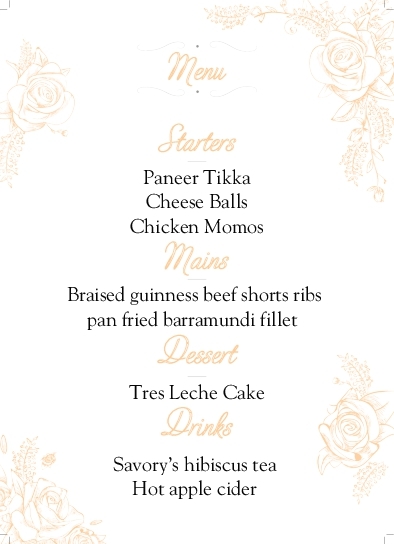 Expressive Orange Roses Wedding Menu Cards Front