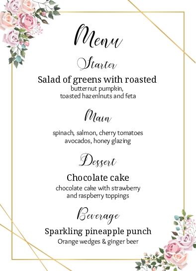 Bouquet Edges Wedding Menu Cards Front