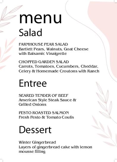 Simple leaf Waves Wedding Menu Cards Front