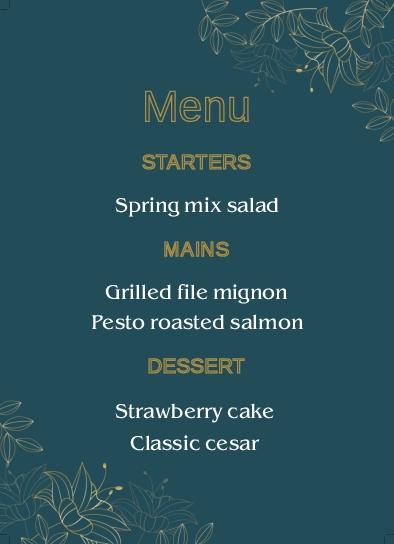 Jade and Gold Elegance Wedding Menu Cards Front