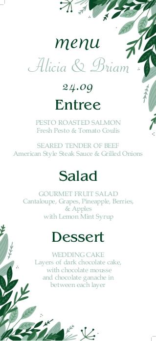 Tropical Freshnees Wedding Menu Cards Front