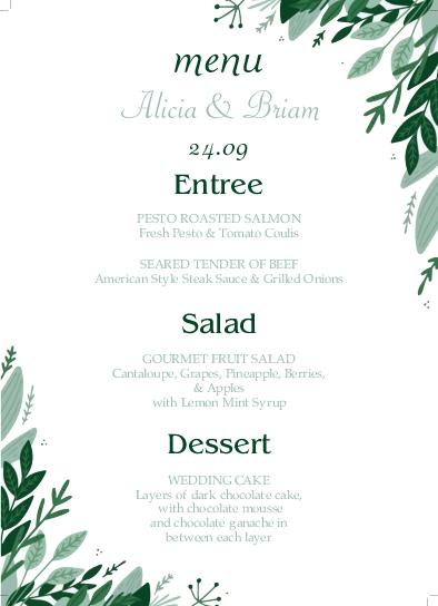 Tropical Freshnees Wedding Menu Cards Front