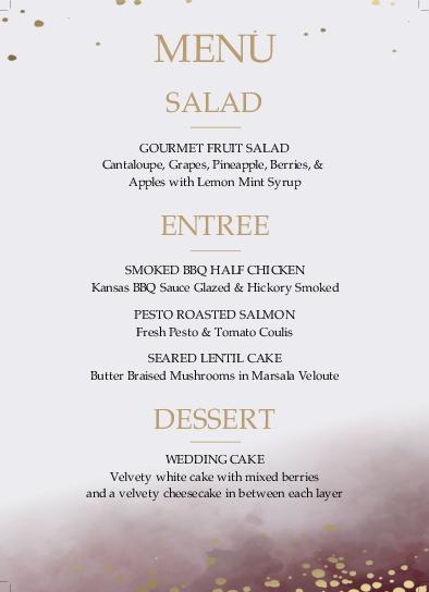 Fuchsia and Gold Harmony Wedding Menu Cards Front