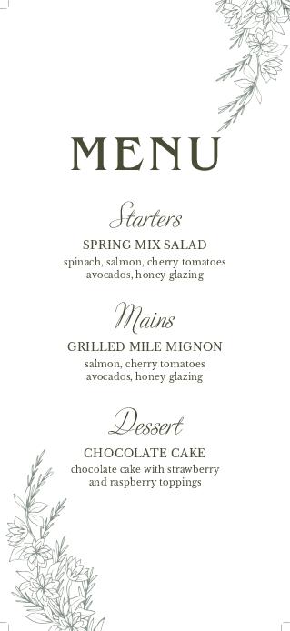 White and Green Garden Wedding Menu Cards Front