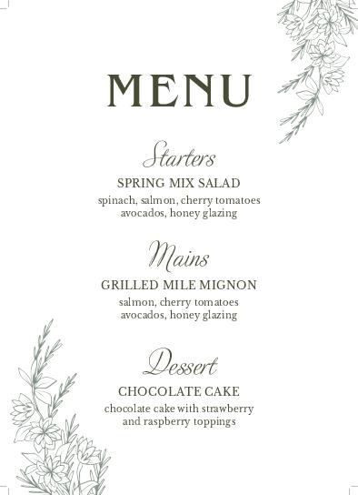White and Green Garden Wedding Menu Cards Front