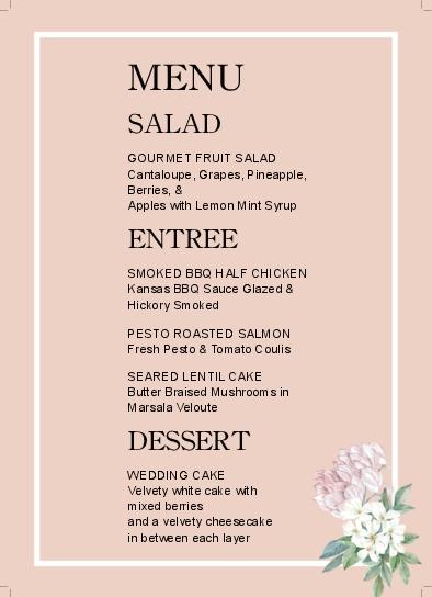 White Frame Wedding Menu Cards Front