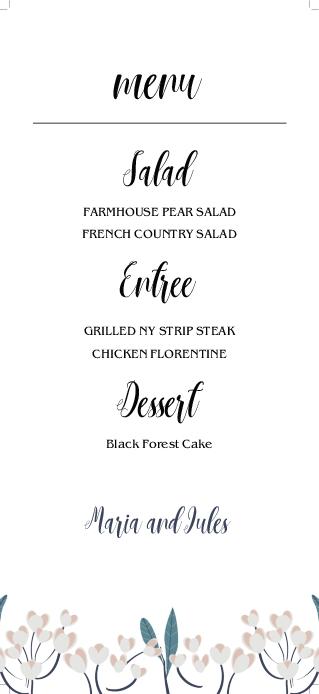 Flowered Egdes Wedding Menu Cards Front